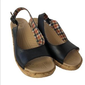 Croc’s A-Leigh Leather Slingback Cork Wedge Sandals Black Size 6W